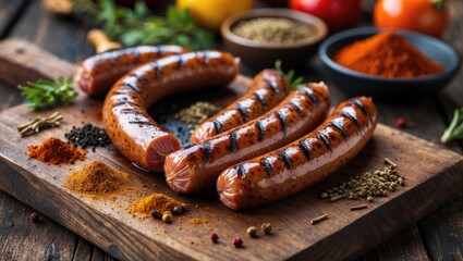 Poster - Grilled Sausages on Wooden Board Surrounded by Colorful Spices and Fresh Vegetables Perfect for Barbecue and Culinary Creations.