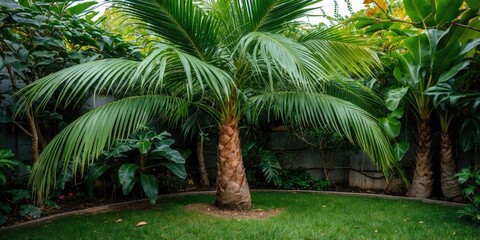 Leinwandbilder - Lush Green Palm Tree Surrounded by Tropical Foliage in Garden with Blank Space for Text or Graphics