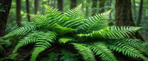 Poster - Lush Green Fern Pteridium Aquilinum Growing Naturally in Forest Understorey Captured in Close-Up Photography