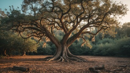 Poster - Majestic ancient tree with sprawling branches and empty text space for nature-themed designs or quotes in a serene natural setting.