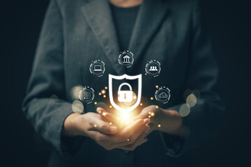 Fototapete - Businessman finger touching padlock icon.Cybersecurity protection concept.Innovative digital crime prevention technology.Financial data protection financial transaction security.