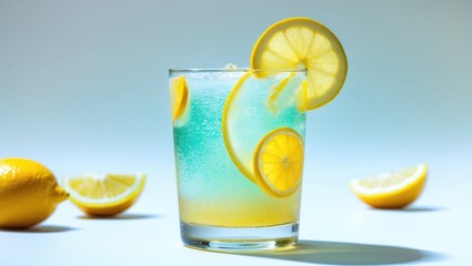 Aufkleber - Refreshing Lemonade Beverage with Citrus Slices and Ice in a Glass on White Background Ideal for Summer and Beverage Promotions