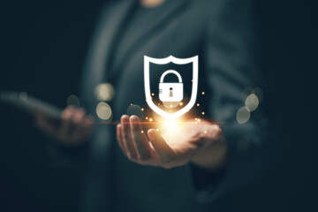 Fototapete - Businessman finger touching padlock icon.Cybersecurity protection concept.Innovative digital crime prevention technology.Financial data protection financial transaction security.