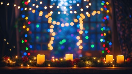 Poster - Colorful Festive Background With Soft Lights Candles And Holiday Decorations For A Cozy Atmosphere And Celebration Decor.