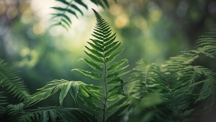 Fototapete - Lush green fern leaves with soft focus and vintage filter creating a tranquil natural background for relaxation or nature-themed projects