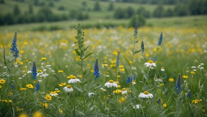 Aufkleber - Vibrant Wildflower Meadow With Green Grass And Blooming Yellow And Blue Flowers In Natural Landscape Setting