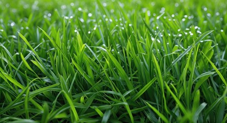 Aufkleber - Lush Green Grass Texture with Dew Drops and Ample Copy Space for Text Overlay