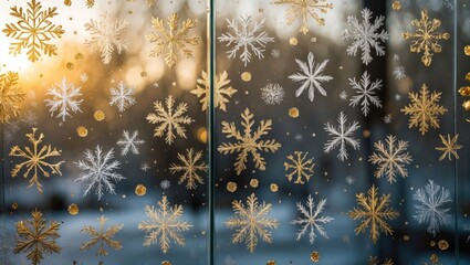 Poster - Elegant frost patterns on glass featuring golden snowflakes and subtle winter motifs with a warm glow in the background.