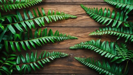 Poster - Lush Green Fern Leaves on Wooden Background with Copy Space for Text Presentation Nature and Plant Elements in Minimalist Style