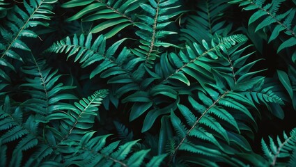 Poster - Close-up of lush dark green fern leaves creating a rich natural background for design and botanical themes.
