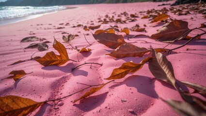 Poster - Dry leaves scattered on vibrant pink sand at Lombok's Pink Beach creating a stunning coastal landscape scene.