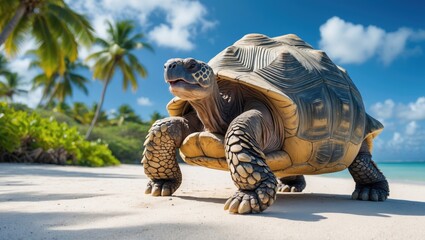 Poster - Giant tortoise walking on a sandy beach surrounded by tropical palms against a clear blue sky in a serene island setting.