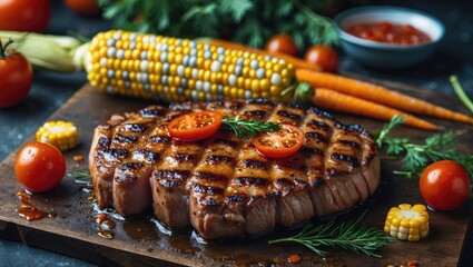 Poster - Grilled Pork Steak with Colorful Vegetables and Fresh Herbs on Wooden Board with Space for Text