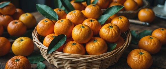 Wall Mural - Fresh Tangerines in a Rustic Basket Surrounded by Citrus Fruits and Leaves on a Wooden Table with Space for Text or Design