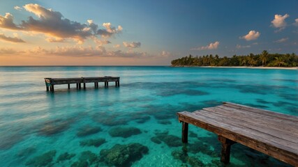 Aufkleber - Tranquil Seascape with Crystal Clear Turquoise Waters and Wooden Piers at Sunset on a Tropical Beach Island