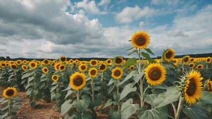 Aufkleber - Vibrant Sunflower Field Under Cloudy Blue Sky with Wide Copy Space for Text Ideal for Nature and Outdoor Themes