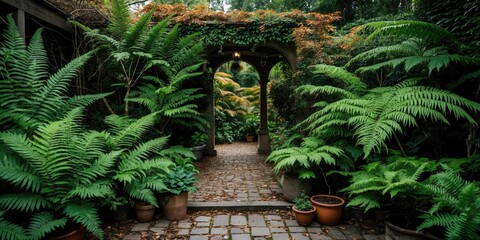 Poster - Lush Fern Garden Pathway Surrounded By Greenery With Empty Space For Text Overlay