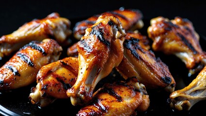 Aufkleber - Grilled Chicken Wings Glazed with Barbecue Sauce on Dark Plate Against Black Background