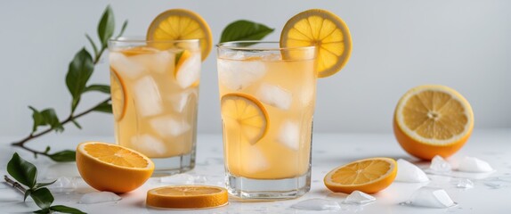 Aufkleber - Refreshing Orange Lemonade with Ice in Glasses on White Background Ideal for Summer Promotions and Beverage Advertisements