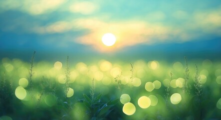 Poster - Soft Green Bokeh Light with Sunrise Background Abstract Image for Nature and Earth Day Concept Featuring Empty Space for Text