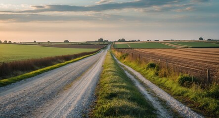 Poster - serene gravel road surrounded by lush green fields under a beautiful sky at dusk