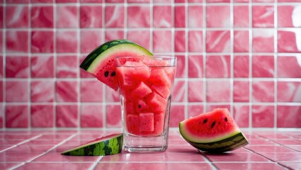 Aufkleber - Refreshing Watermelon Cubes in Glass on Pink Tile Background with Empty Space for Text Ideal for Summer Promotions or Health-Related Content