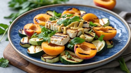 Poster - Grilled Apricot and Zucchini Salad with Halloumi Topped with Mustard Dressing on a Blue Plate Fresh Summer Dish