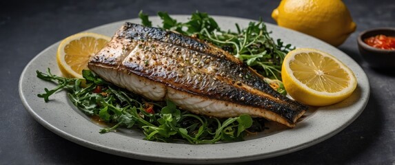 Poster - Grilled Sea Bass Served with Fresh Greens and Lemon Wedges Close Up with Space for Text and Culinary Presentation