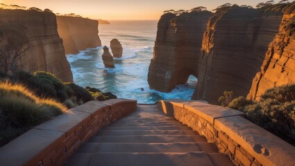 Poster - sunrise over iconic stairs leading to apostles on great ocean road with serene waters and rugged cli