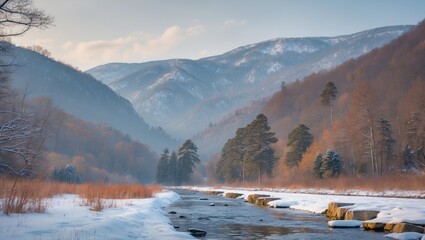 Aufkleber - Winter Landscape at Golcuk National Park with Snow-Covered Mountains and River Featuring Space for Text Overlay