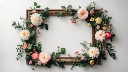 Wall Mural - Elegant Floral Frame Decorated with Colorful Blossoms on a White Background for Creative Designs and Home Decor Applications