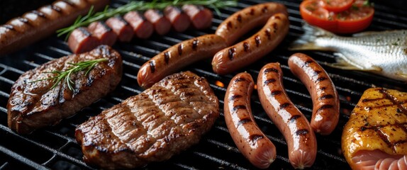 Poster - Sizzling Grilled Meat Sausages And Fish On Barbecue Grate With Fresh Herbs And Vegetables