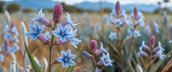 Wall Mural - Elegant blue and pink flowers in a picturesque field with mountains in the background showcasing the beauty of nature in bloom.