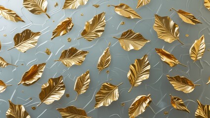 Aufkleber - Gold foil leaves on a frosted glass textured background creating an elegant and luxurious visual for design and decoration projects.
