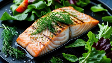 Poster - Grilled Salmon Fillet Served on a Plate with Fresh Salad Greens and Dill Garnish for Healthy Mediterranean Cuisine