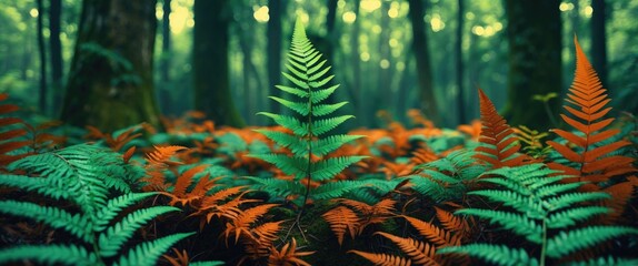 Poster - Vibrant Fern Leaves Against Forest Background with Space for Text and Natural Light Elements