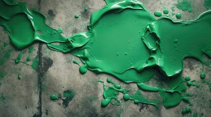Poster - Textured green paint spilled on a concrete floor creating an abstract artistic background for design and aesthetic use.