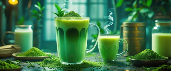 Poster - Refreshing green milk tea served in elegant cups with steam and decorative matcha, surrounded by tea leaves and powder on a rustic table.