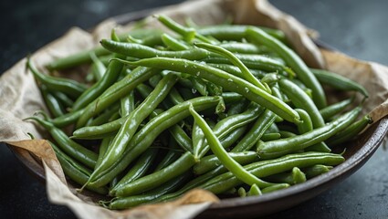 Leinwandbilder - Freshly harvested green beans arranged elegantly in a rustic bowl showcasing their vibrant color and natural beauty for culinary inspiration.