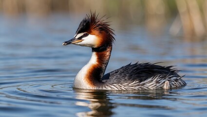 Poster - Great Crested Grebe Swimming Gracefully on Calm Waters with Reflections in Natural Habitat