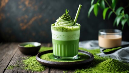 Aufkleber - Refreshing green tea matcha float topped with whipped cream served in a glass, surrounded by matcha powder on rustic wooden table.