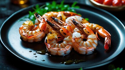 Aufkleber - Grilled River Shrimp Served on a Black Plate with Garnish and Olive Oil Drizzle Perfect for Gourmet Seafood Dishes and Culinary Presentations