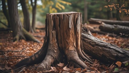 Poster - textured tree stump surrounded by autumn foliage in a serene forest setting with fallen leaves and logs in the background