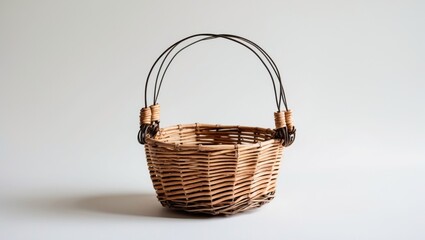 Poster - Handcrafted Small Wicker Basket with Wire Handle Against a Plain White Background Ideal for Decoration or Storage Use