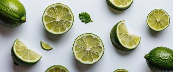 Canvas Print - Fresh green limes cut in half and sliced arranged on a white background showcasing vibrant color and juicy texture for culinary use