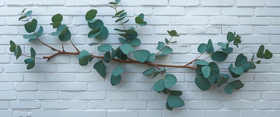 Poster - Eucalyptus branch on white brick wall showcasing modern home decor and natural elements for stylish interior design.