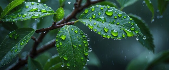 Poster - Fresh Raindrops on Lush Green Leaves in Tranquil Nature Scene with Soft Focus Background
