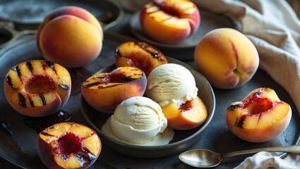 Aufkleber - Grilled Peaches and Nectarines with Vanilla Ice Cream served on a rustic plate for a delightful summer dessert presentation