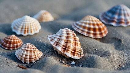 Poster - Seashells on Sandy Beach with Copy Space for Text Coastal Summer Background Nature Relaxation and Vacation Concept