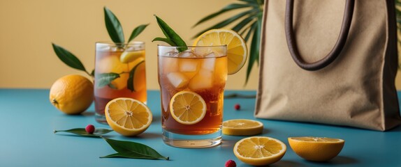 Aufkleber - Iced tea with citrus fruits and leaves displayed alongside a stylish bag on a vibrant background showcasing refreshing summer vibes.